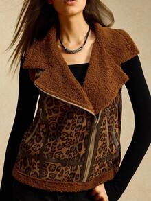 Easelle Chaqueta sin mangas con cremallera y forro térmico con estampado de leopardo, ropa de otoño e invierno para mujeres - Multicolor - Ver 8