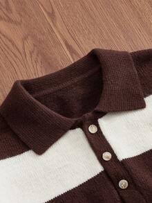 Manfinity VCAY Stylish White Striped Long Sleeve Polo Collar Sweater For Men, Fall Winter - Coffee Brown - View 3