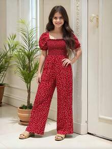 Young Girl Allover Heart Print Puff Sleeve Shirred Jumpsuit