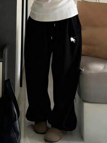 SHEIN 女式黑色松紧腰宽松休闲慢跑裤，带口袋 - 黑色 - 查看 5