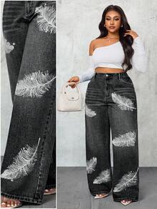 Slaydiva Quần jean ống rộng cạp cao họa tiết lông vũ cỡ lớn cho nữ - màu đen - Xem 1