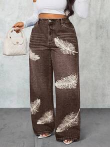 Slaydiva 大码女式高腰羽毛图案口袋阔腿宽松休闲牛仔裤 - 咖啡棕 - 查看 3