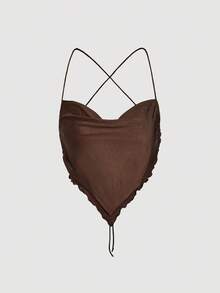 SHEIN MOD Conjunto de top marrón retro sin espalda y falda larga asimétrica con volantes de cintura alta para tallas grandes - Marrón - Ver 6