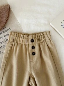 SHEIN LMoss Kids 女婴可爱卡其色牛仔荷叶边腰部宽松哈伦裤，适合秋季、冬季、休闲时尚度假穿着，2000年代风格，万圣节牛仔裤，圣诞节，卡其色修身裤 - 卡其色 - 查看 6