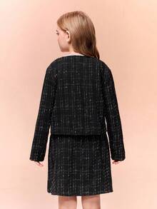 青少年女孩优雅仿珍珠饰边夹克和裙子套装，秋季 - 黑色 - 查看 2