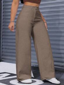 SHEIN ICON Plus Size Solid Color Casual Straight Loose Fit Jeans - Coffee Brown - View 3