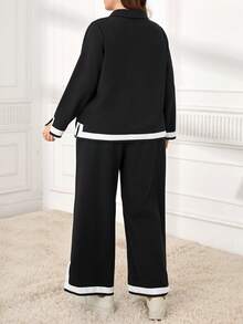 EMERY ROSE Conjunto de 2 piezas de top de manga larga y pantalones con ribete de contraste, estilo casual y de oficina, talla grande, otoño - Negro - Ver 2