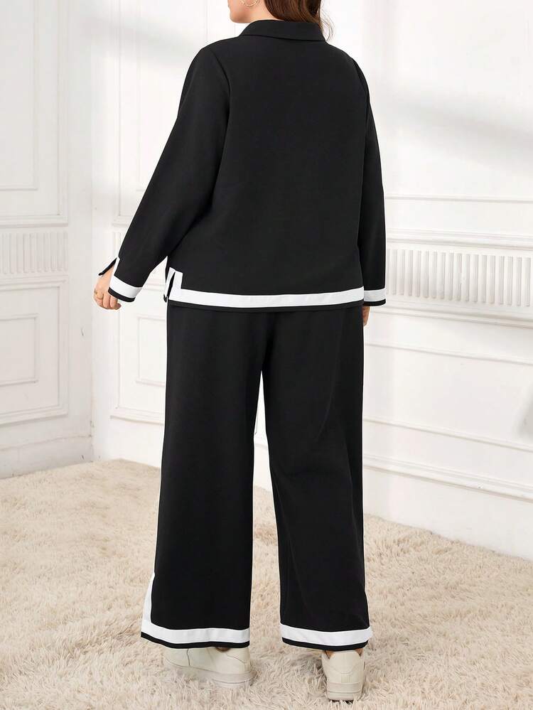 Plus Size Casual Commuter Contrast Trim Long Sleeve Top And Pants 2 Pieces Set, 2 Piece Casual Sets Woman, Autumn/Winter,2025 New