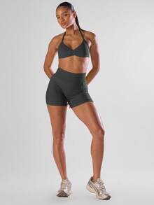 Musera Sport Solid Ruched Bust Open Back Halter Sports Bra , Active Comfy Workout Gym Running Run Club Gym Yoga Pilates Fitness Daily Casual - Dark Grey - View 3
