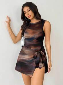 SHEIN EZwear Women's Casual Backless Tight Tie Dye Tie-Dye Retro Print Jumpsuit - Multicolor - View 7