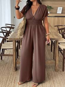 SHEIN PETITE CURVE Bộ đồ liền thân ống rộng tay ngắn co giãn màu trơn cỡ lớn dành cho nữ - màu nâu - Xem 4