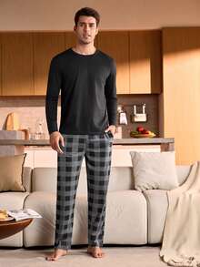 男士舒适格子印花带口袋长款家居服，冬季