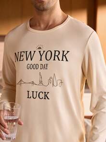 SHEIN Provexi Letter Print Crew Neck Long Sleeve Top & Wavy Pants Men Pajama Set Fall Winter Clothes - Apricot - View 5