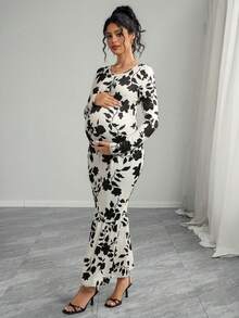 Momance 孕妇花卉印花长袖圆领连衣裙，秋季 - 彩色 - 查看 3