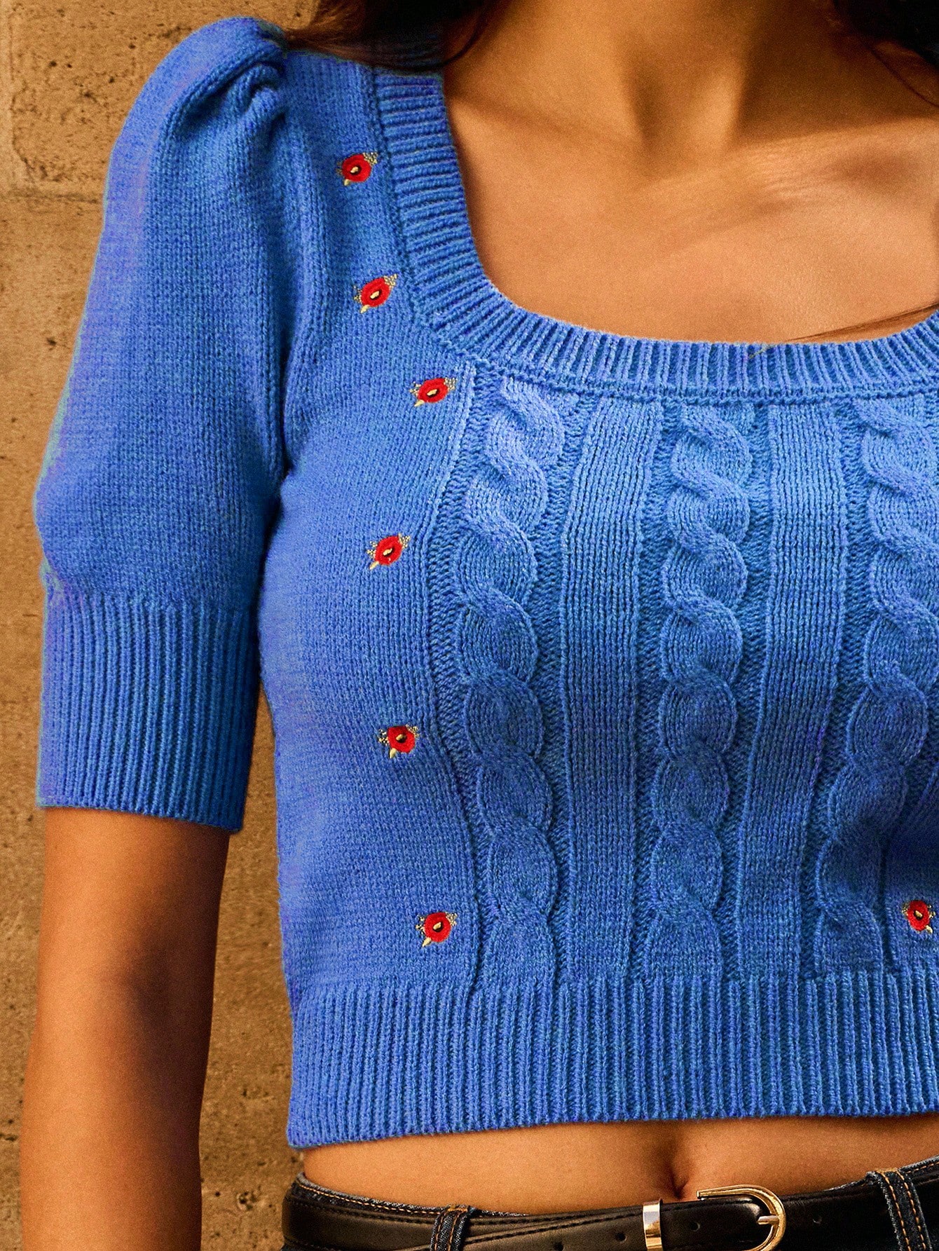 Blue Floral Embroidered Cable Pattern Short Sleeve Knitted Top Spring Square Neck Top Blue Crop Top