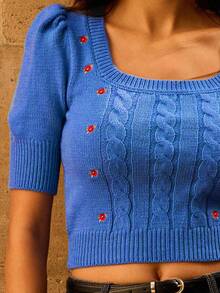 lacRébo 蓝色花卉刺绣麻花图案短袖针织上衣 春季方领上衣 蓝色露脐上衣 - 藍色 - 查看 4