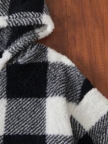 Teenage Boys' Basic Black Casual Fleece Hooded Jacket - Black and White - View 3