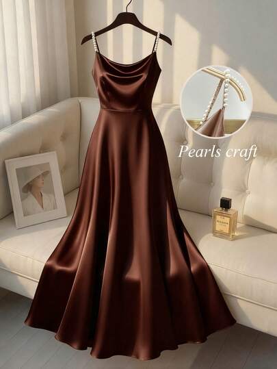 SHEIN Franclia Women's Elegant Satin Sheen Pearl Slip Dress, A-Line Silhouette, Suitable For Commute, Party, And Events