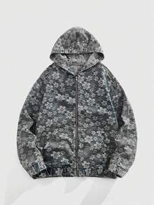 ROMWE MEN Street Life Men Fashionable Floral Retro Jacquard Hooded Denim Jacket, Fall - Blue - View 1