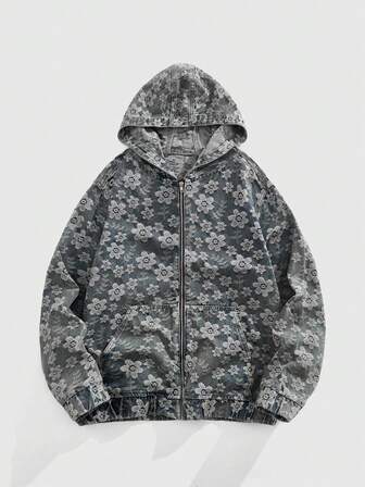 Street Life Men Fashionable Floral Retro Jacquard Hooded Denim Jacket, Fall