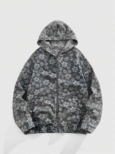 ROMWE MEN Street Life Chaqueta de mezclilla con capucha, estampado floral retro jacquard, de moda para hombres, otoño