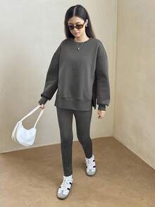 Sparklyn 1 Set Teen GirlWomen's Fashion Casual Loose Dropped Shoulder Hoodie And Skinny Leggings Outfit, Dark Grey, Autumn/Winter - Dark Grey - View 4