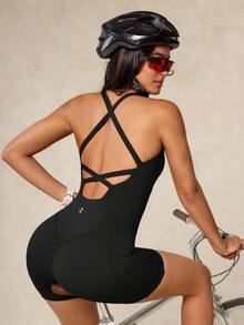 OutZeal 女士运动黑色连体裤骑行健身服夏季收腹吸汗文胸-露背设计 - 黑色 - 查看 10