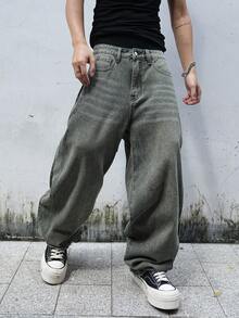 Manfinity EMRG Jeans casuales versátiles de pierna ancha y holgados con bolsillos para hombres