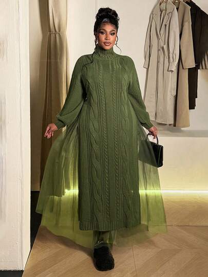 Maweii Plus Size Women Solid Stand Collar Double Slit Long Mesh Two Pieces Sweater Dress Set