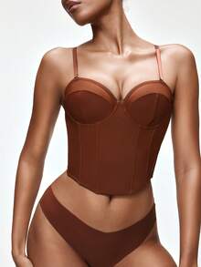 SHAPORA 巧克力棕色腰部修身无缝文胸上衣带钢圈，简约休闲风格，适合派对和日常穿着 - 咖啡棕 - 查看 1