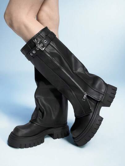 Sugerpunk Women's Black Punk Rock Boots With Belt Buckle, Tube Socks Style, Wedge Heel Thick Sole Gothic Boots