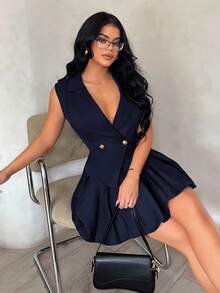 SHEIN SXY 夏季简约优雅性感纯黑色修身西装套装 - 无袖不对称下摆定制背心和迷你褶裙两件套，适合约会、聚会、生日、派对、正式场合、办公室通勤、秋冬商务休闲女性 - 藏蓝色 - 查看 5