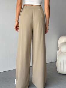 SHEIN Tall Calça feminina solta casual plissada de cor sólida e perna larga - Caqui - Ver 2