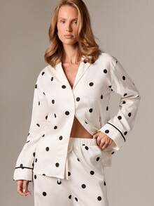 AiiRZ 女士波尔卡圆点纽扣前睡衣套装长袖睡衣家居服睡衣两件套裤子套装 - 黑與白 - 查看 4