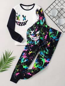 SHEIN 2 件套儿童/青少年男童休闲日常舒适印花图案圆领长袖上衣和紧身裤针织家居服套装 - 黑與白 - 查看 4