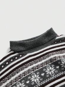 ROMWE Kawaii Christmas Crew Neck Snowflake Pattern Distressed Hem Plus Size Women Puff Sleeve Sweater - Grey - View 3