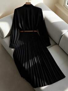 Franclia قميص كاجوال طويل الأكمام بلون أحادي مناسب للتنقل اليومي، مع تنورة نسائية قصيرة على شكل حرف A، تنورة مطوية، تنورة ماكسي، يأتي مع حزام، ربيع/خريف، بدلة نسائية بلون كاكي، بدلة نسائية مكونة من قطعتين، فستان بدلة نسائية، ملابس خريف/ربيع، ملابس نسائية كاجوال، زي موحد للمعلمات النسائية - الأسود - مشاهدة 2