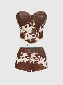 ROMWE Grunge Punk Bộ 2 món áo crop top và quần short mini họa tiết động vật phương Tây cổ điển dành cho nữ - màu nâu - Xem 1