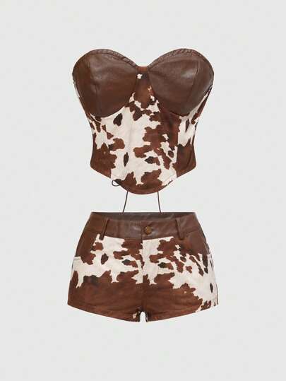 Grunge Punk Ensemble 2 pièces top court et mini-short en patchwork imprimé animal style western vintage pour femmes