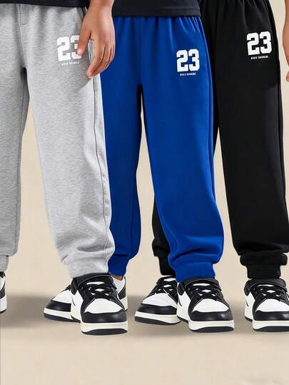 SHEIN 3pcs/Set Young Boy Knitted Sweatshirt With Embossed Number 23 Front And Matching Pants, Suitable For Autumn/Winter Daily Wear, Outdoor Travel, Party