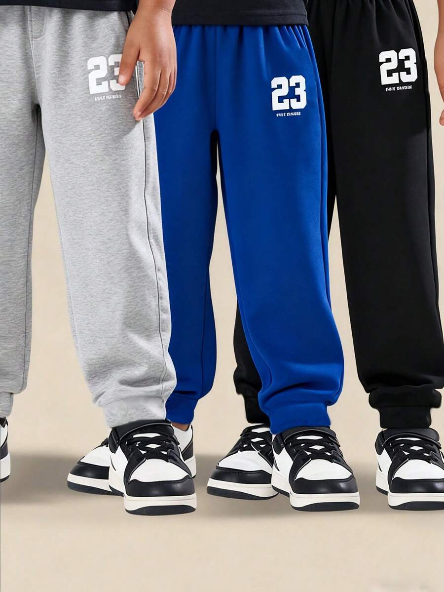 SHEIN 3 件套小男孩针织运动衫，正面印有 23 号，配同款裤子，适合秋冬日常穿着、户外旅行、派对