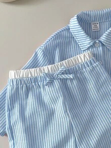 3 件套女婴条纹衬衫、松紧腰裤和吊带背心，春夏 - 藍色 - 查看 3