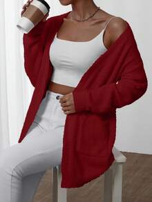 EMERY ROSE Áo len cardigan lông cừu một mặt cổ chữ V tối giản đơn sắc dành cho nữ - Màu Đỏ Sâu - Xem 3