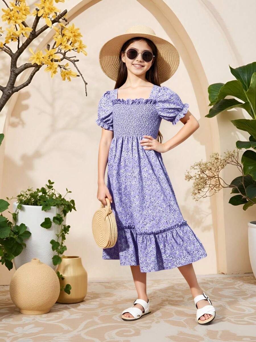 Tween Girls' Puff Sleeve Floral Print Square Neck Pleated Dress,Holiday,Summer,Travel - Purple - View 1