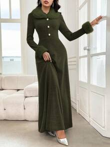 Modelyn 女士前扣长袖蓬松拼接休闲宽松连衣裙长款晚礼服 - 綠色 - 查看 5