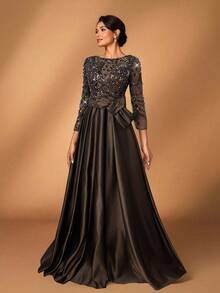 Serin 优雅奢华的薄纱长袖刺绣蕾丝花朵泡泡珍珠蝴蝶结喇叭连衣裙，适合婚礼、派对、度假、盛大晚宴、晚间活动、新娘母亲礼服、情人节等场合。 - 咖啡棕 - 查看 4