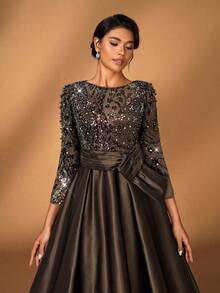 Serin 优雅奢华的薄纱长袖刺绣蕾丝花朵泡泡珍珠蝴蝶结喇叭连衣裙，适合婚礼、派对、度假、盛大晚宴、晚间活动、新娘母亲礼服、情人节等场合。 - 咖啡棕 - 查看 6