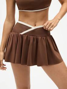 Eassivo Eassivo Women's Waistband Design With Pockets Daily Fitness Sports Skort - Brown - View 1
