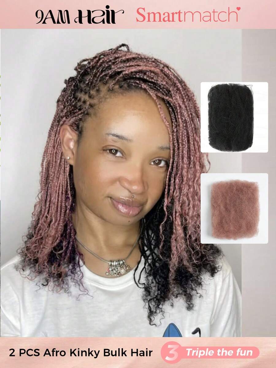SMART&MATCH Afro Kinky Bulk Human Hair Black And Pink Bulk Braiding Hair Extension For Mini Twists Locs Crochet Human Hair Extensions For Knotless Braids Halloween