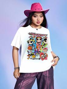 THE POWERPUFF GIRLS X SHEIN 加大码宽松花朵、泡泡、毛茛图案短袖 T 恤 - 白色 - 查看 3